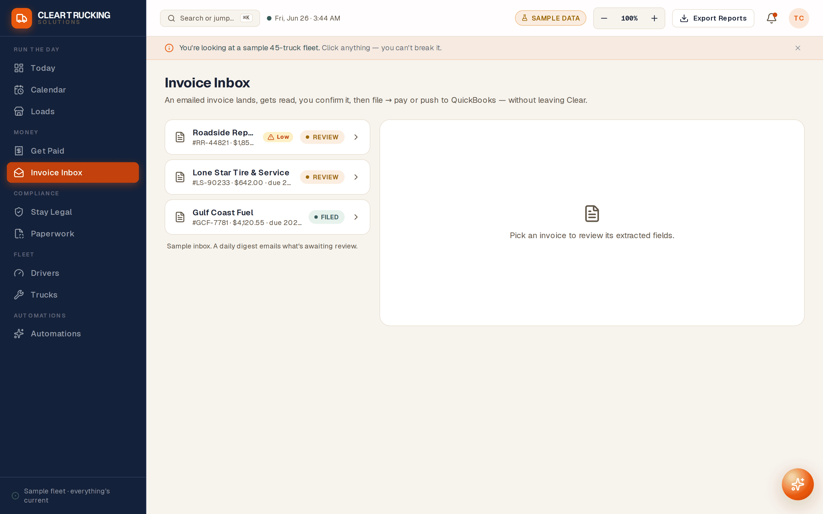 Clear invoice inbox — an emailed invoice read, confirmed, and filed to QuickBooks.